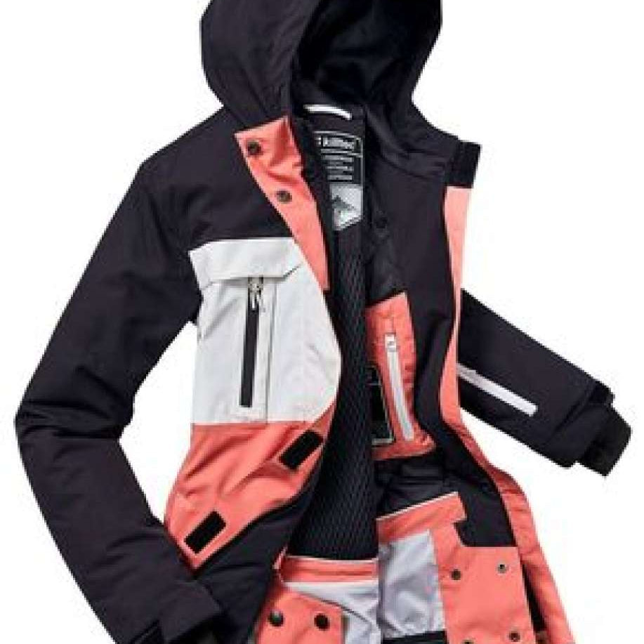 Killtec Junior's Colorblock Insulated Jacket 2022 - A black, white and salmon-colored jacket with a hood, featuring two zippered pockets on the front.