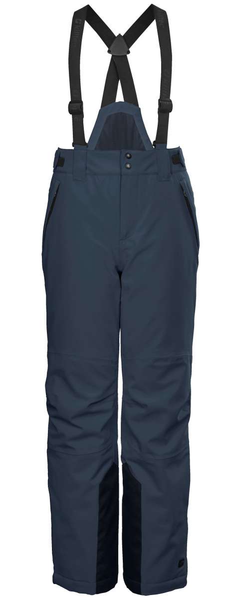Killtec Junior's Functional Pant With Bib - Dark-colored bibbed snow pants with adjustable straps and pockets on the side.