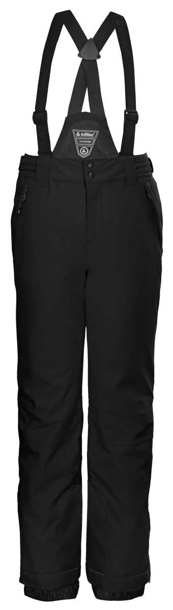 Killtec Junior's Gandara Bib 2022-2023 - Black bib pants with a white logo on the left leg and adjustable Velcro straps at the waist and ankles.