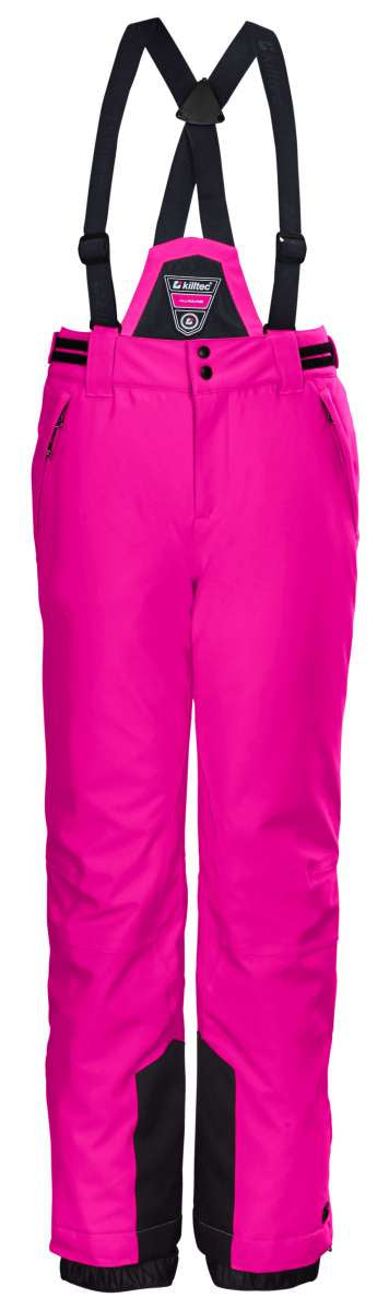 Killtec Junior's Gandara Bib 2022-2023 - A pair of bright pink snow pants with black accents and a zippered pocket on the side.
