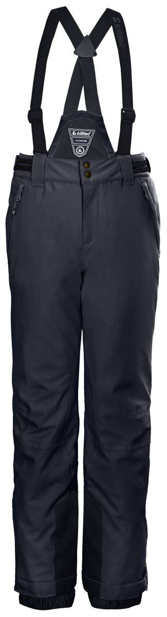 Killtec Junior's Gandara Pant With Bib - Black bib with adjustable straps and black pants featuring a zippered pocket on the side.