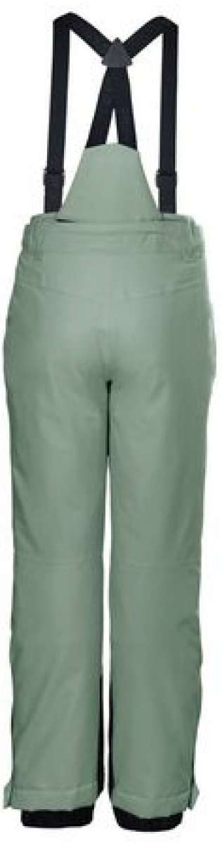 Killtec Junior's Gandara Pants With Bib - Sage green pants with a bib and adjustable straps, featuring a small pocket on the side.