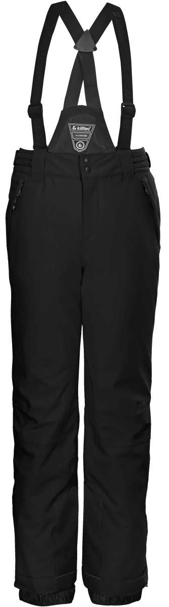 Killtec Junior's Gandara Pants With Bib - Black pants with a white logo on the left leg and adjustable straps at the waist.