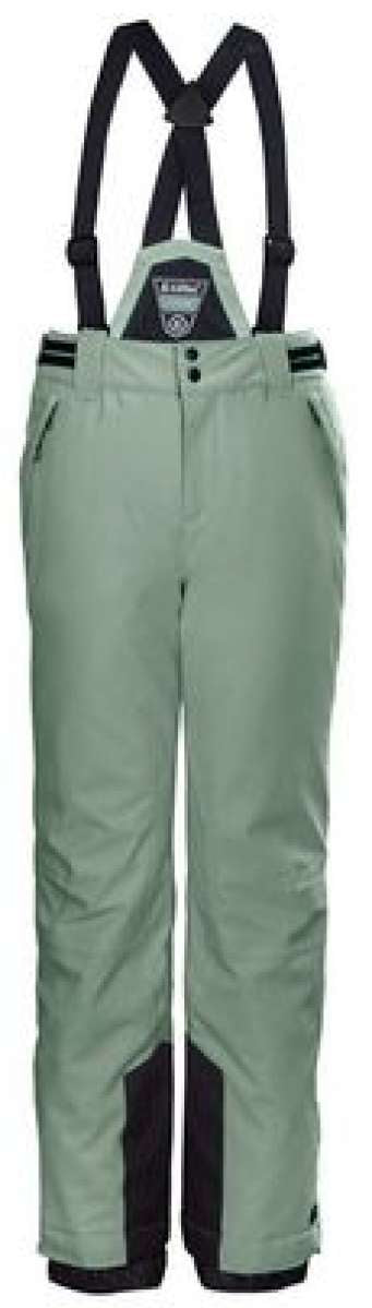 Killtec Junior's Gandara Pants With Bib - Pair of khaki-colored snow pants with a bib and adjustable straps, featuring black accents on the sides and pockets.