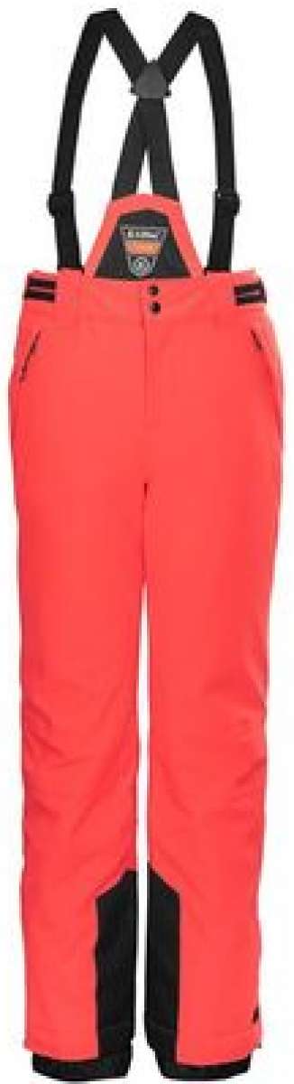 Killtec Junior's Gandara Pants With Bib - These pants feature a vibrant red color with black accents and a distinctive white stripe on the side, set against a solid white background.