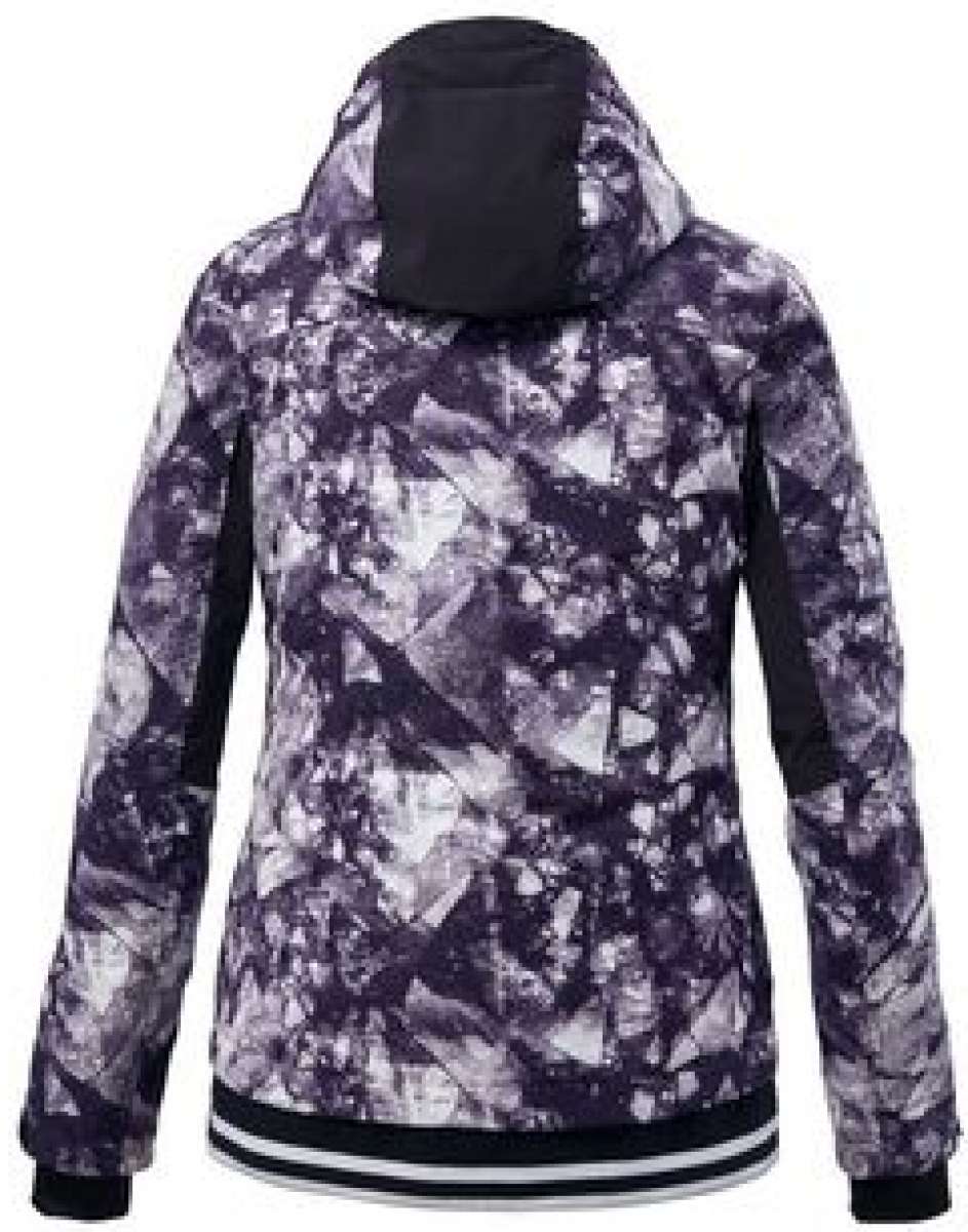 Killtec Junior's Ski Style Print Jacket 2022 - A purple and white abstract print jacket with a hood, featuring black accents on the sleeves and hem.