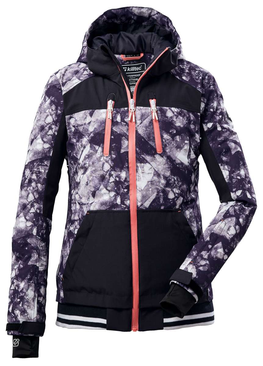 Killtec Junior's Ski Style Print Jacket 2022 - A navy blue and white abstract print jacket with a hood, featuring two zippered pockets on the front.
