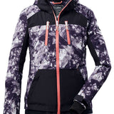 Killtec Junior's Ski Style Print Jacket 2022 - A navy blue and white abstract print jacket with a hood, featuring two zippered pockets on the front.