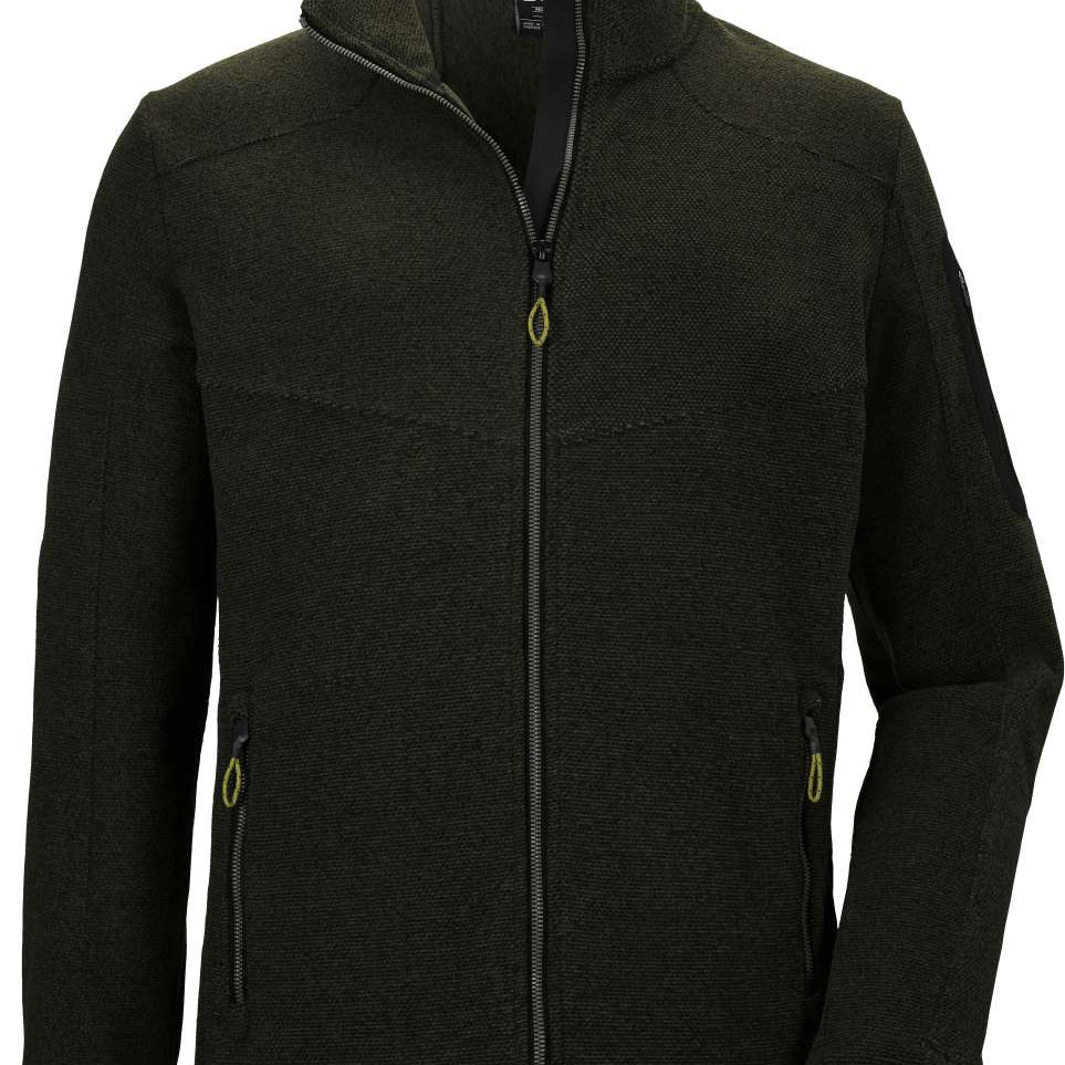 Killtec KOW28 Knitfleece Jacket 2022-2023 - A dark green fleece jacket with a zippered front and two side pockets, featuring a textured knit pattern on the body.