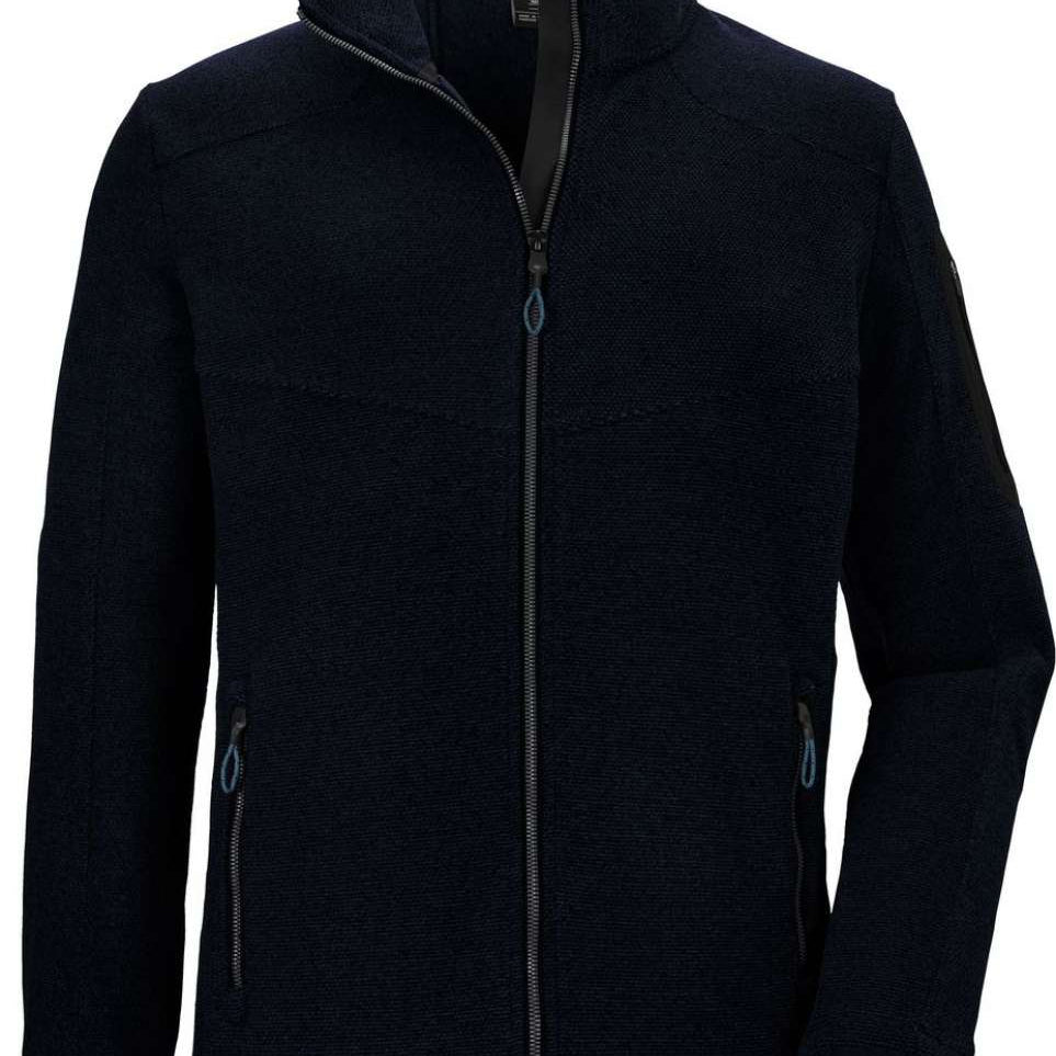 Killtec KOW28 Knitfleece Jacket 2022-2023 - A dark blue fleece jacket with a zippered front and two side pockets, featuring a hood and a black zipper.