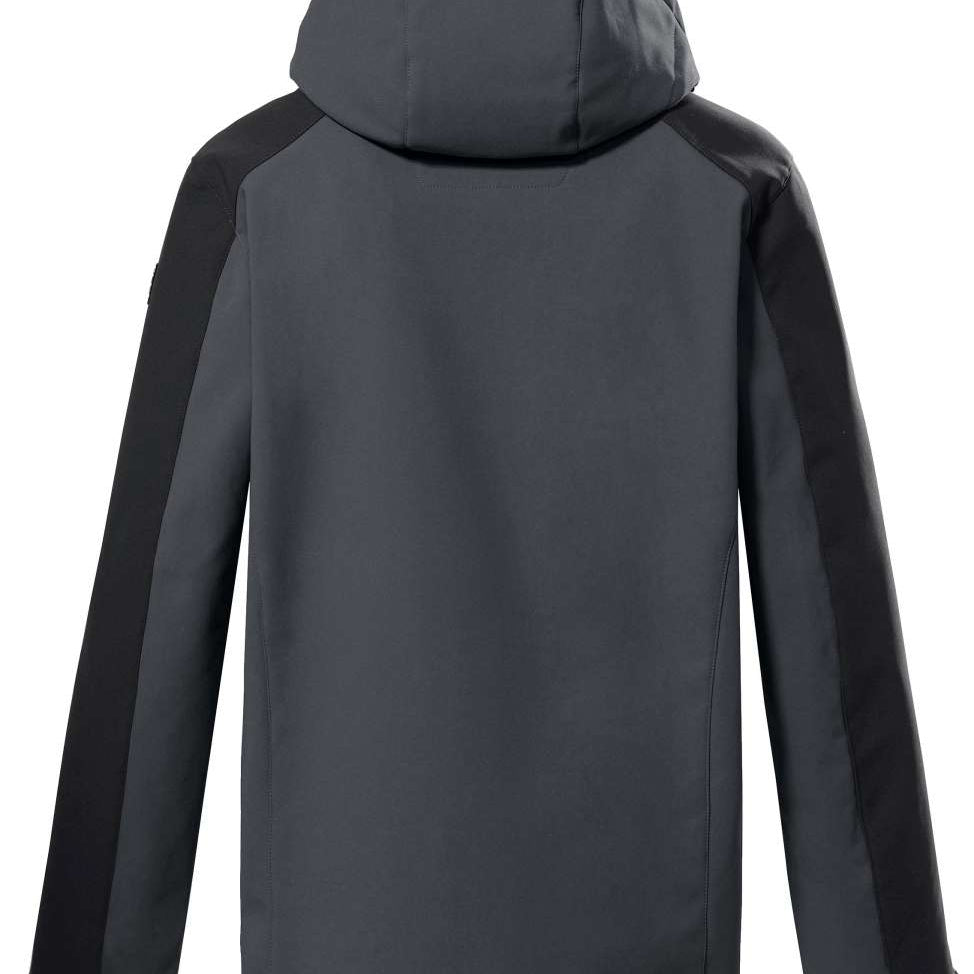 Killtec KOW59 Softshell Jacket 2022-2023 - A dark gray jacket with black accents on the shoulders and sleeves, featuring a hood.