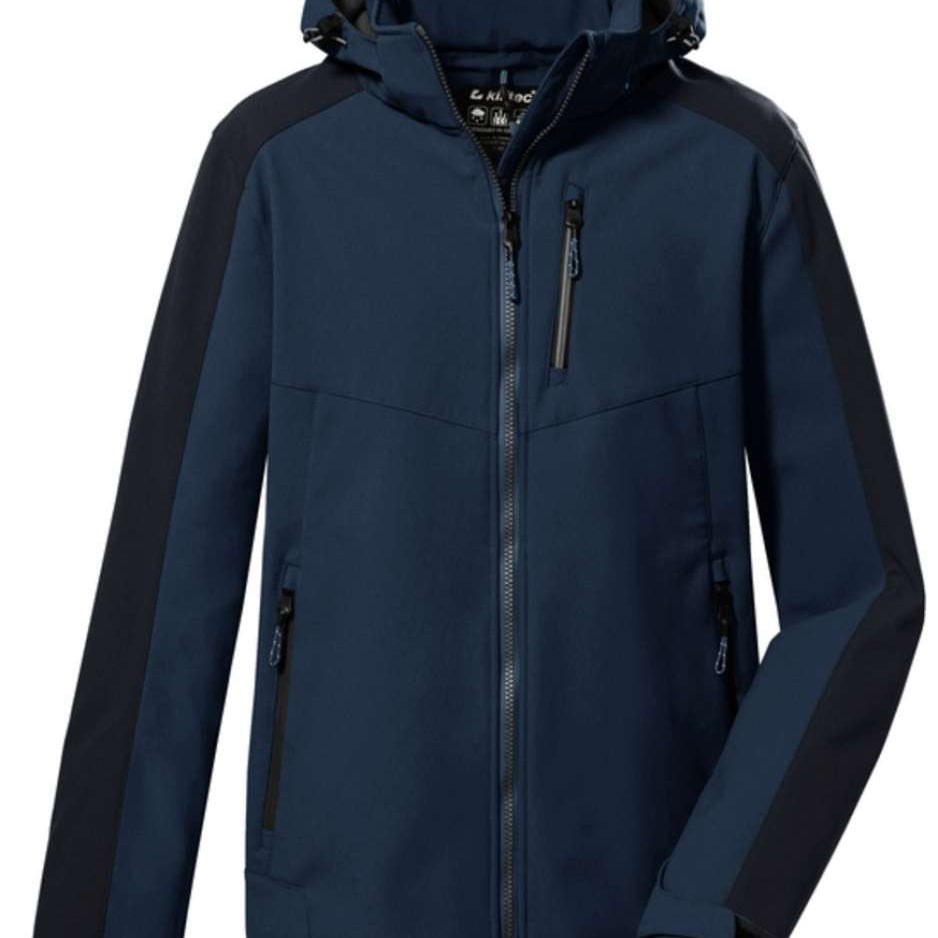 Killtec KOW59 Softshell Jacket 2022-2023 - A dark blue jacket with a hood, featuring two zippered pockets on either side and a black zipper down the front.