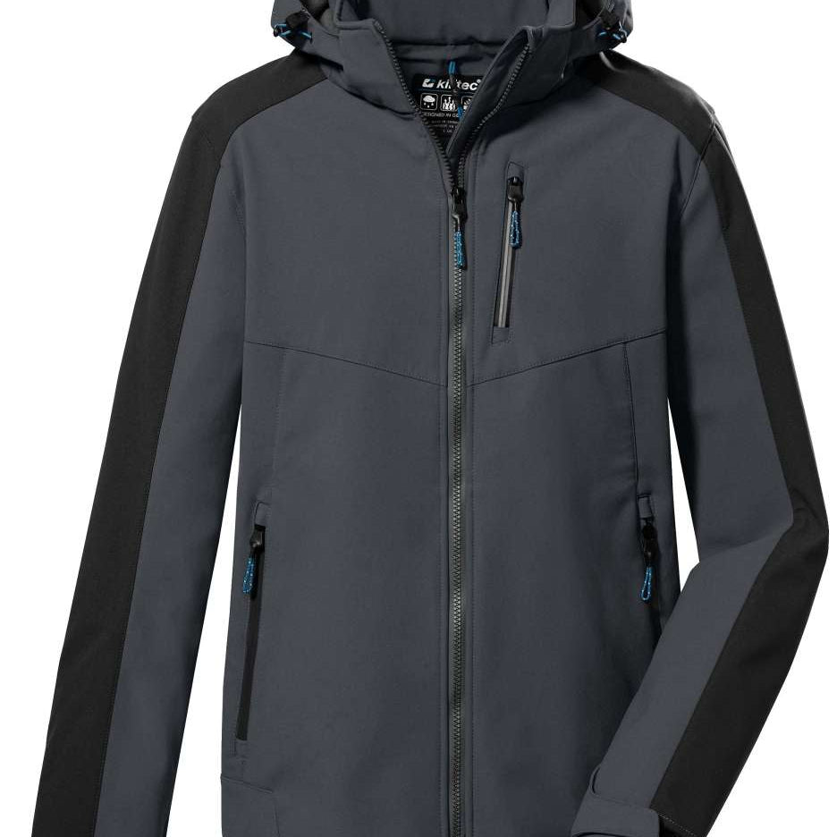 Killtec KOW59 Softshell Jacket 2022-2023 - A dark gray jacket with a black shoulder panel and blue zipper pulls.