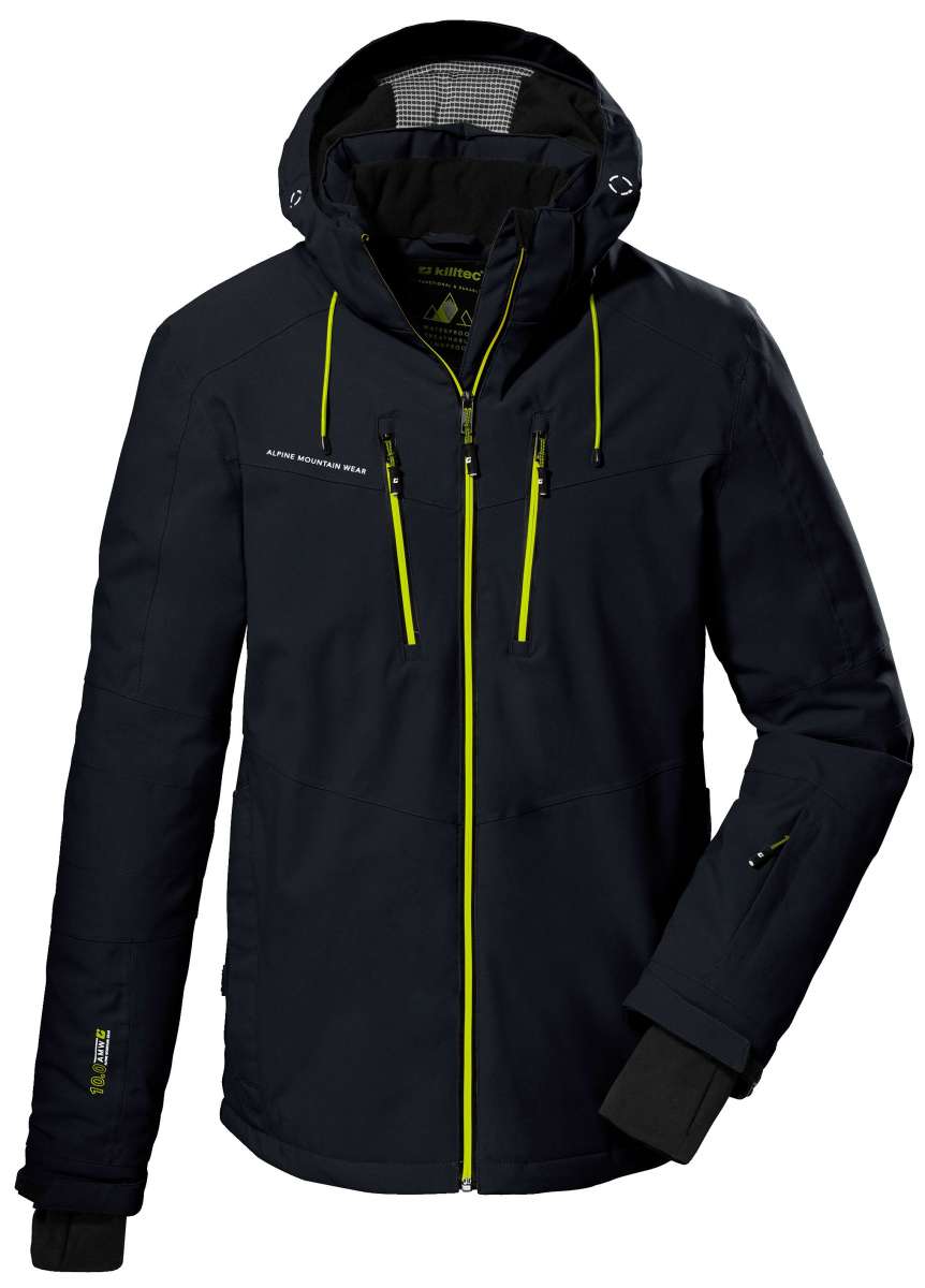 Killtec KSW 44 Insulated Jacket 2024 - A black jacket with a zippered front and two zippered pockets on either side, featuring a hood and adjustable cuffs.