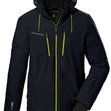 Killtec KSW 44 Insulated Jacket 2024 - A black jacket with a zippered front and two zippered pockets on either side, featuring a hood and adjustable cuffs.