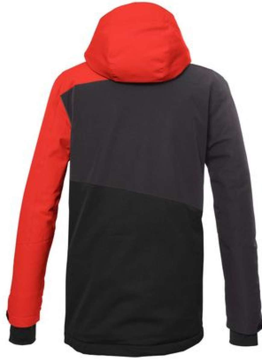 Killtec KSW 77 Insulated Jacket 2024 - A black jacket with a red zipper and two zippered pockets on the front, featuring a hood and a black drawstring at the waist.