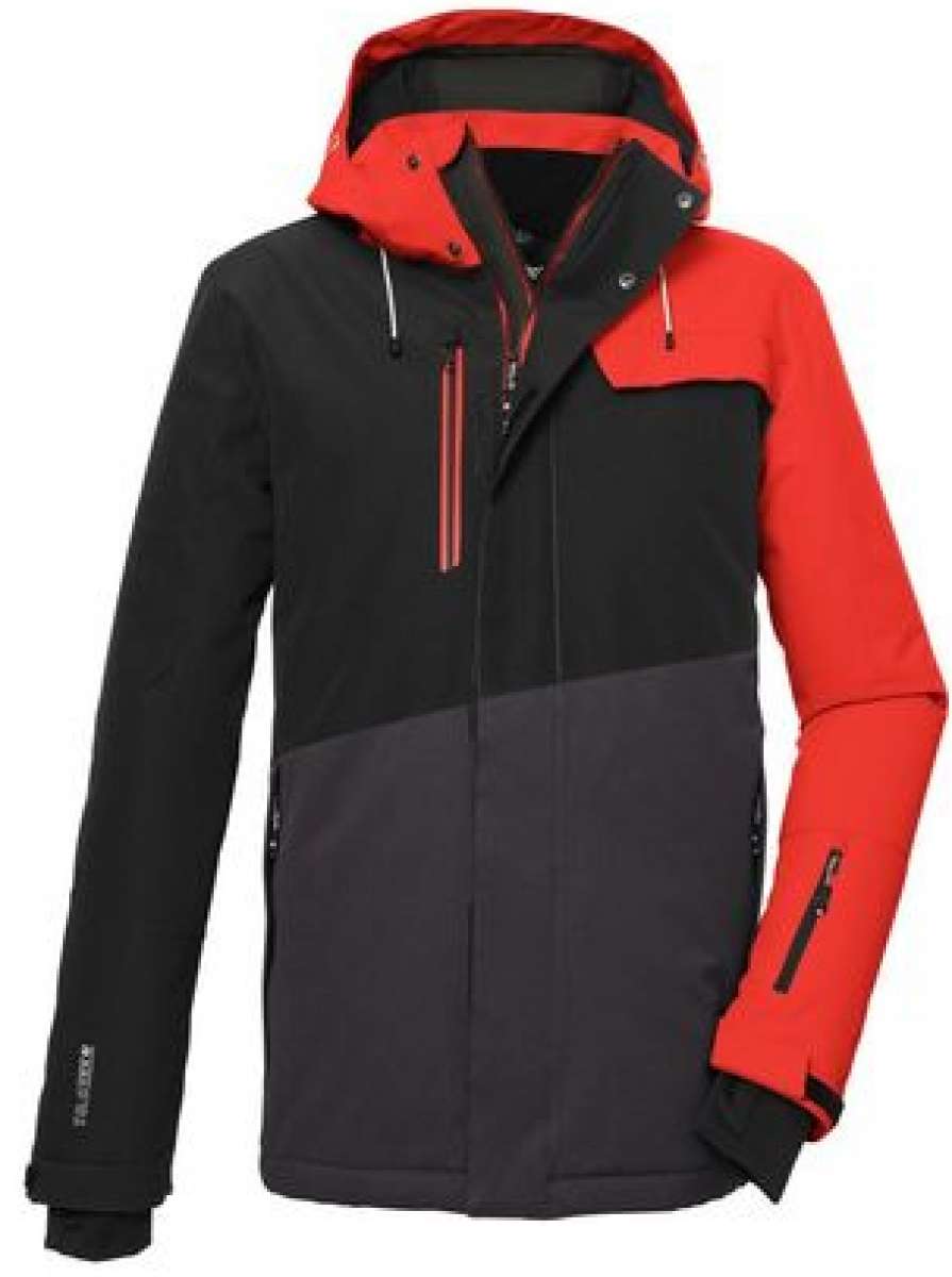 Killtec KSW 77 Insulated Jacket 2024 - A black and red insulated jacket with a hood, featuring two zippered pockets on the front.
