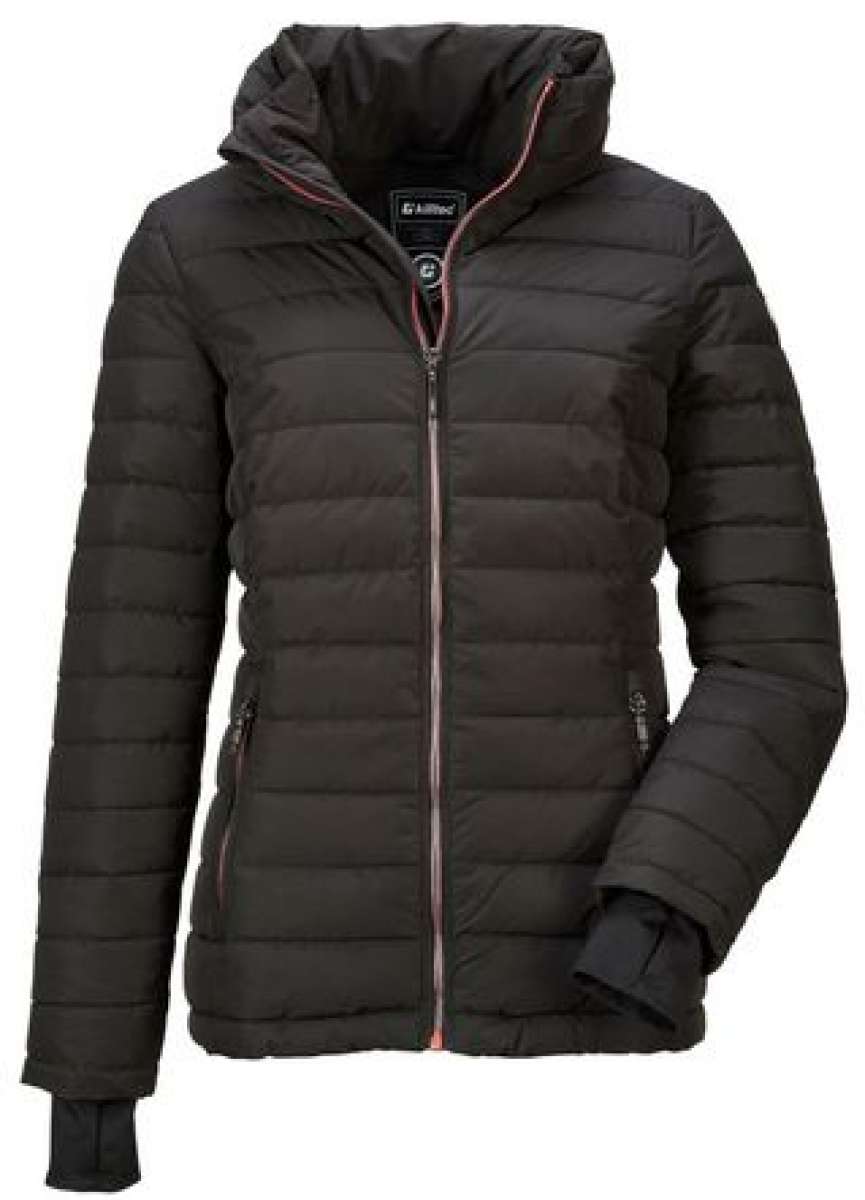 Killtec Ladies Atka Quilted Jacket - A quilted jacket with a hood, featuring a black color and a subtle pattern of thin white stripes on the sleeves.