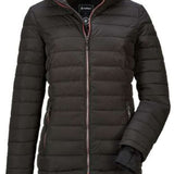 Killtec Ladies Atka Quilted Jacket - A quilted jacket with a hood, featuring a black color and a subtle pattern of thin white stripes on the sleeves.