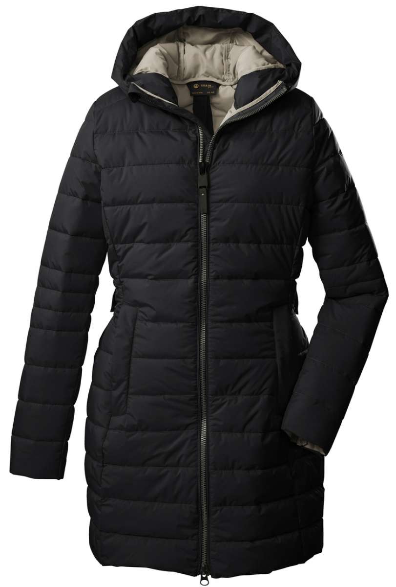 Killtec Women's Casual Quilted Parka - A black quilted parka with a hood, featuring a zipper down the front and two side pockets.