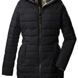 Killtec Women's Casual Quilted Parka - A black quilted parka with a hood, featuring a zipper down the front and two side pockets.