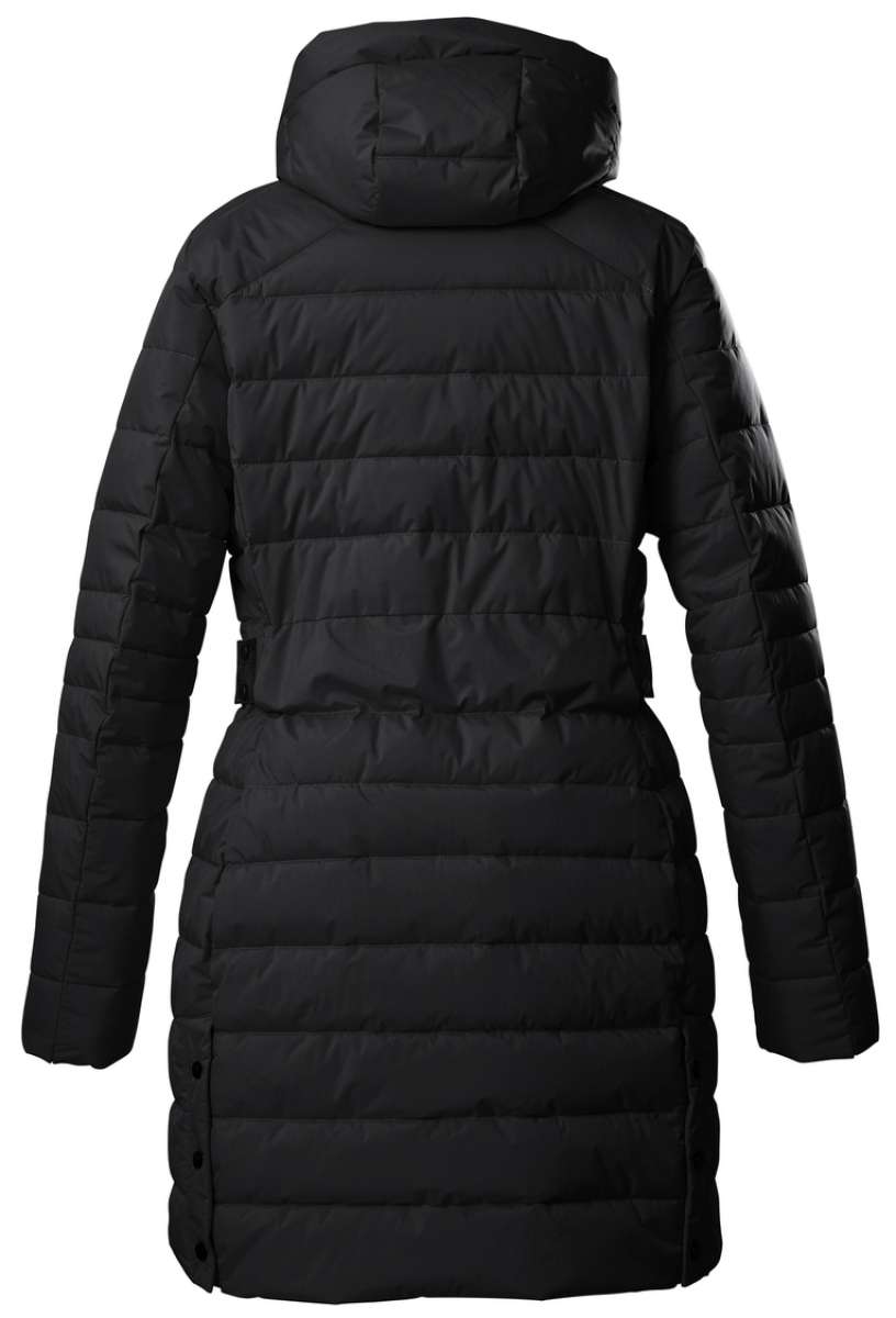 Killtec Women's Casual Quilted Parka - A black quilted parka with a hood, featuring a zipper and buttons down the front.