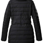 Killtec Women's Casual Quilted Parka - A black quilted parka with a hood, featuring a zipper and buttons down the front.