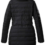 Killtec Women's Casual Quilted Parka - A black quilted parka with a hood, featuring a zipper and buttons down the front.