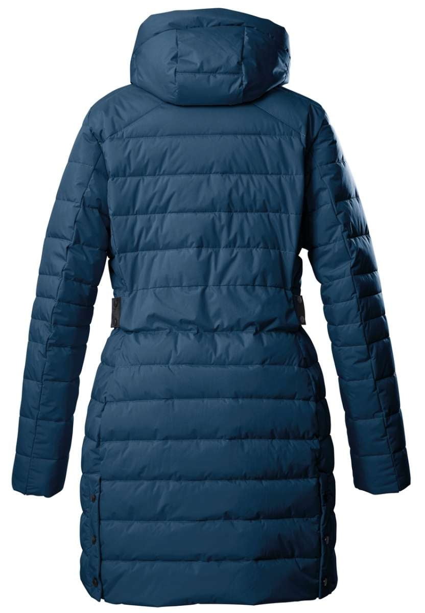 Killtec Women's Casual Quilted Parka - A dark-colored parka with a quilted pattern and a hood, featuring a belt around the waist.