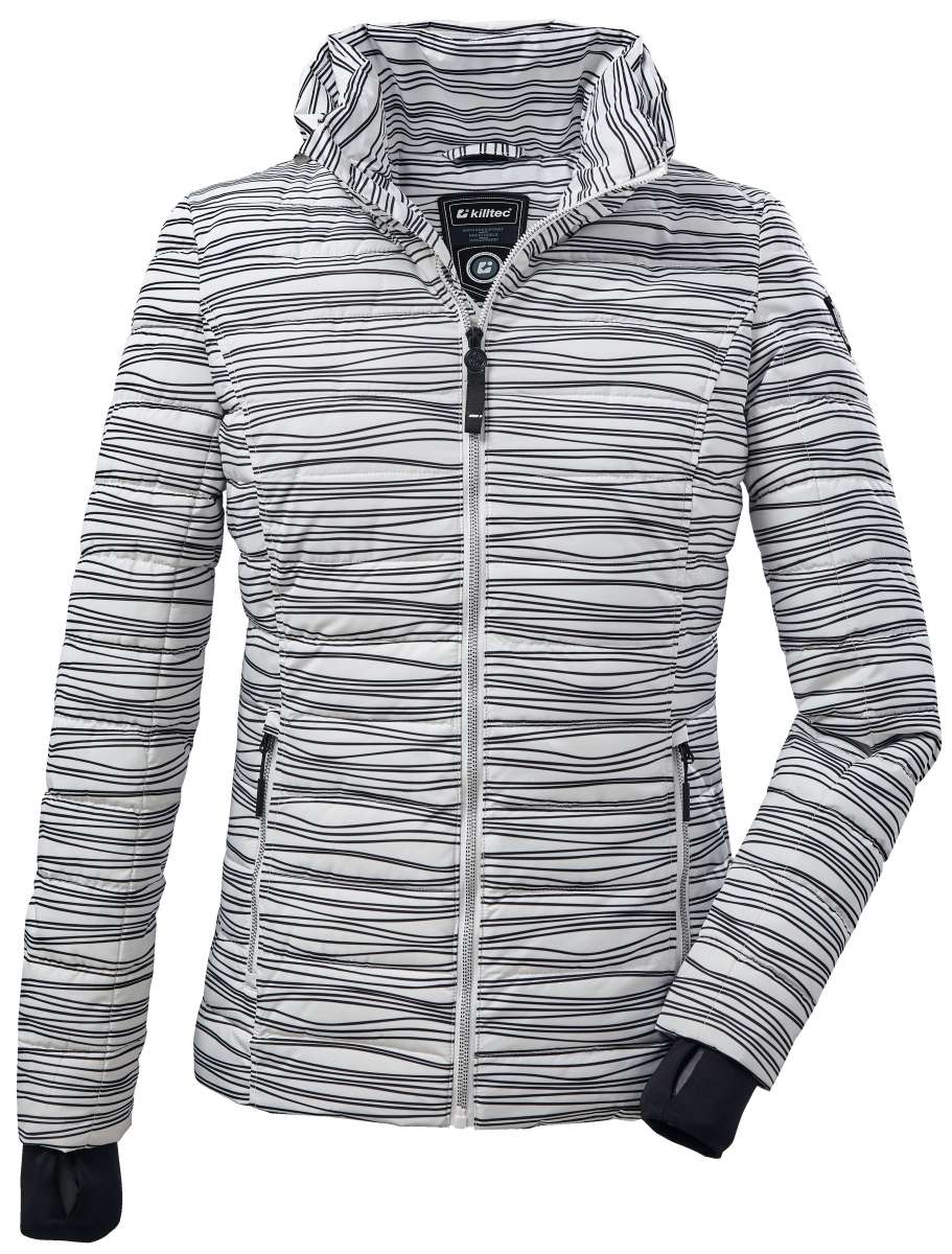 Killtec Ladies Down Look Print Jacket 2022 - A white jacket with black horizontal stripes and a hood, featuring two zippered pockets on either side.