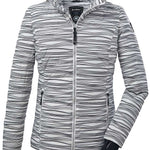 Killtec Ladies Down Look Print Jacket 2022 - A white jacket with black horizontal stripes and a hood, featuring two zippered pockets on either side.