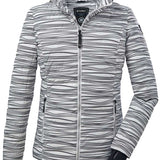 Killtec Ladies Down Look Print Jacket 2022 - A white jacket with black horizontal stripes and a hood, featuring two zippered pockets on either side.