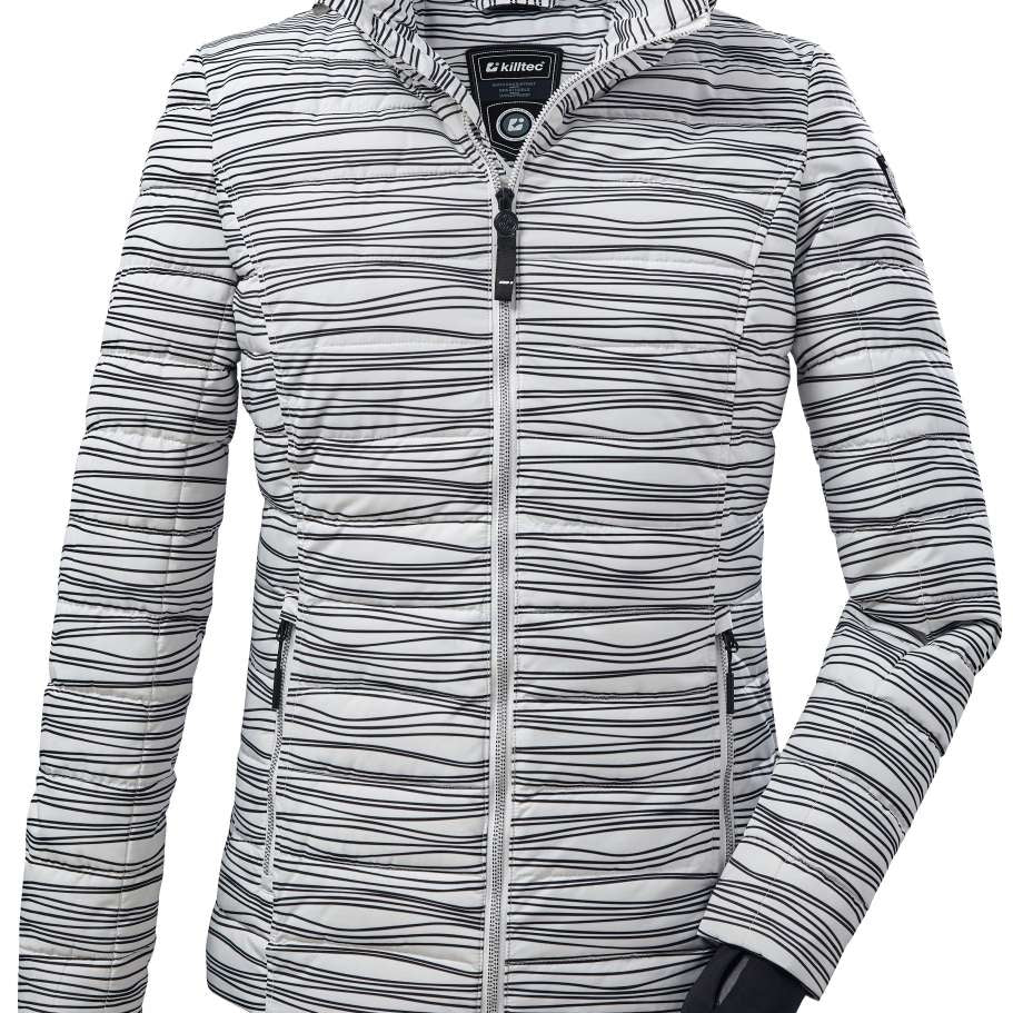 Killtec Ladies Down Look Print Jacket 2022 - A white jacket with black horizontal stripes and a hood, featuring two zippered pockets on either side.