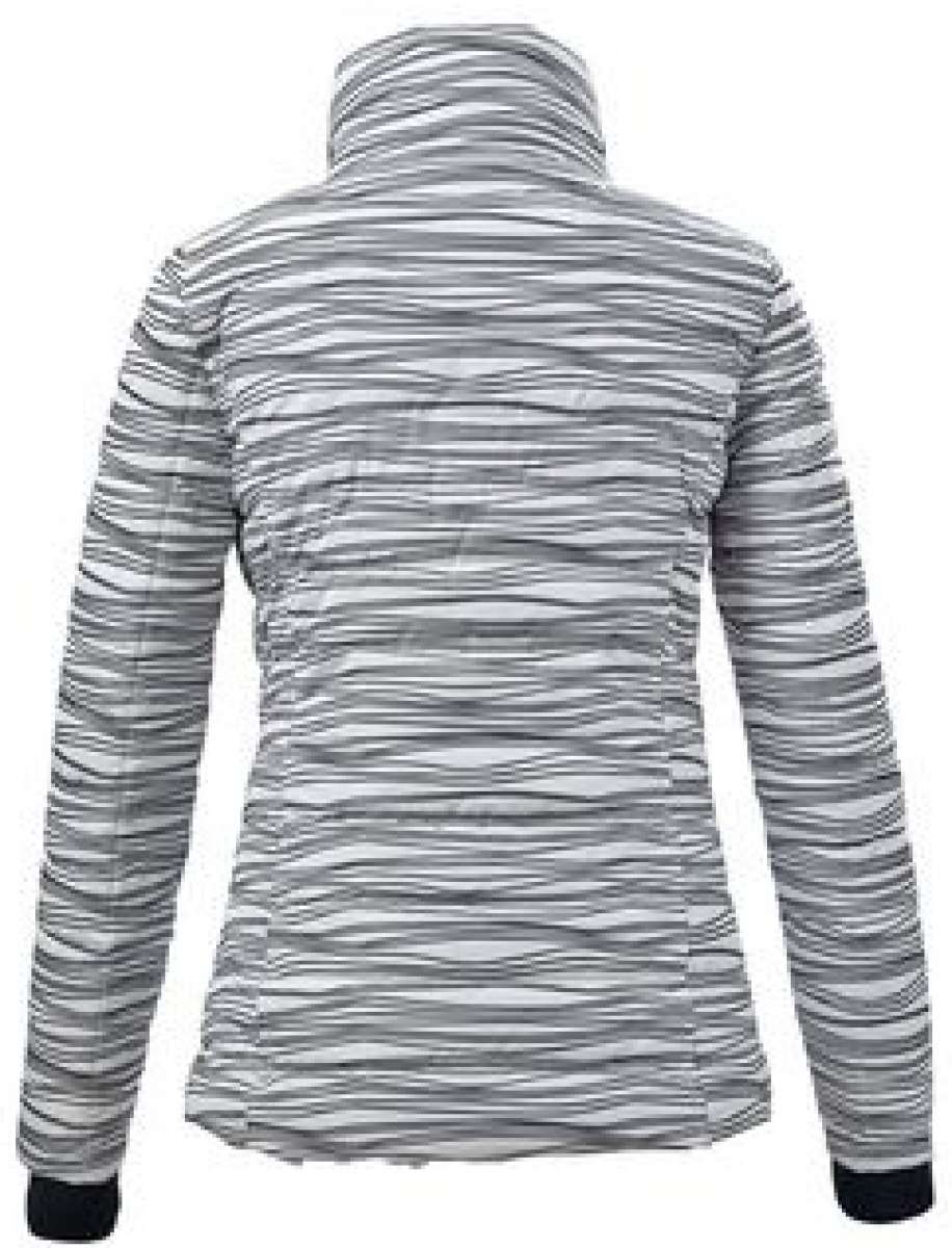 Killtec Ladies Down Look Print Jacket 2022 - A black and white jacket with a horizontal striped pattern, featuring a high collar and long sleeves.