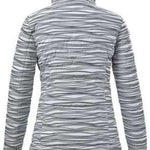 Killtec Ladies Down Look Print Jacket 2022 - A black and white jacket with a horizontal striped pattern, featuring a high collar and long sleeves.