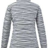 Killtec Ladies Down Look Print Jacket 2022 - A black and white jacket with a horizontal striped pattern, featuring a high collar and long sleeves.