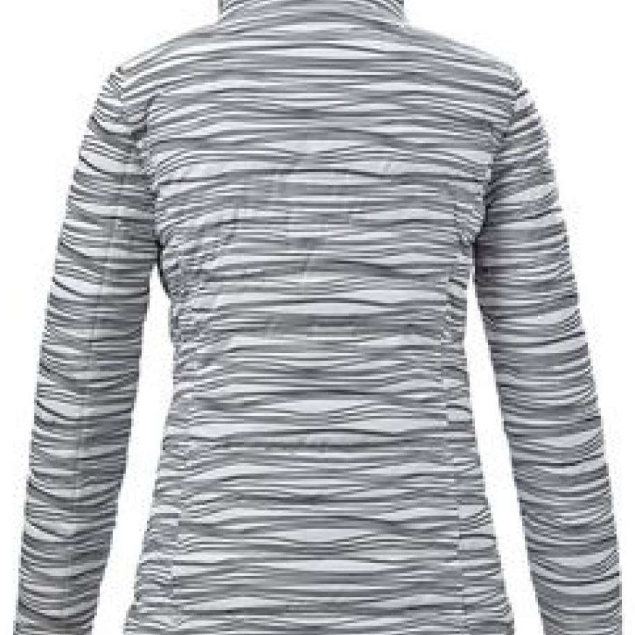 Killtec Ladies Down Look Print Jacket 2022 - A black and white jacket with a horizontal striped pattern, featuring a high collar and long sleeves.