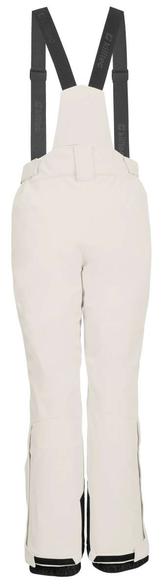 Killtec Ladies Erielle Pant With Detachable Suspenders - White snow pants with black suspenders and adjustable velcro straps at ankles.