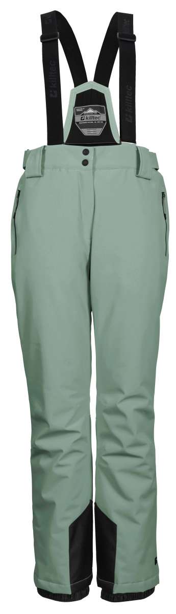Killtec Women's Erielle Pant With Detachable Suspsenders - Light-colored snow pants with a black logo on the left leg and adjustable straps at the waist.