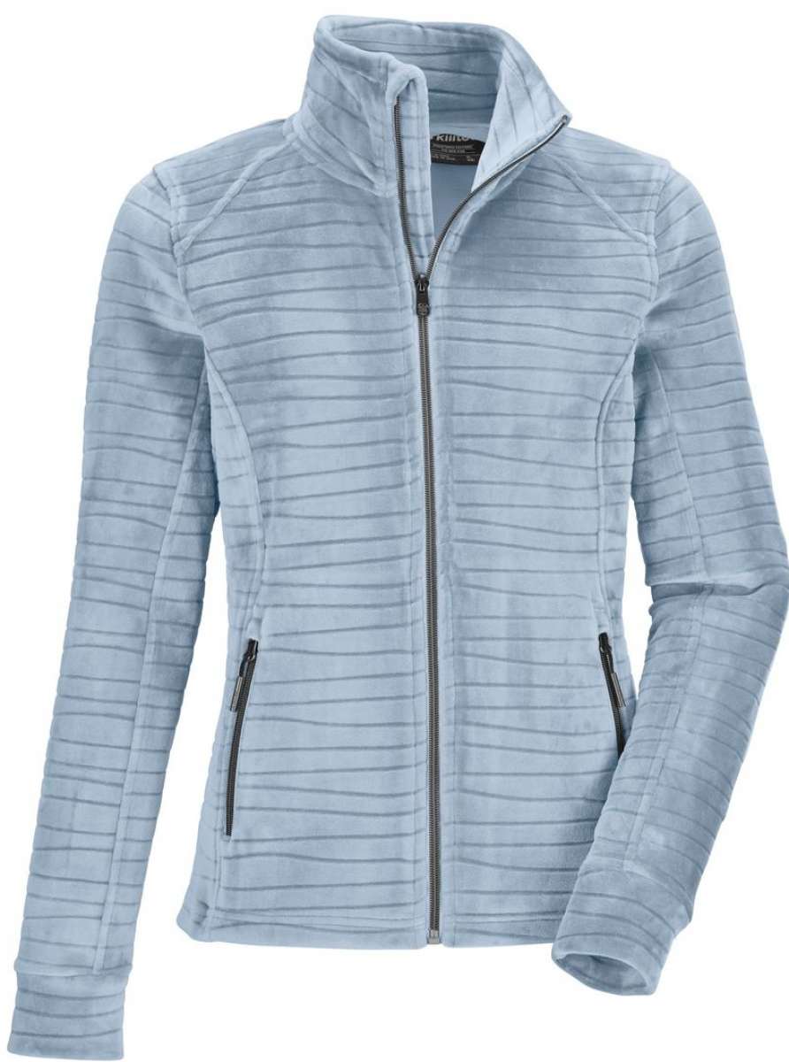 Killtec Women's Fashion PowerStretch Jacket - A light blue jacket with horizontal stripes and a high collar, featuring two zippered pockets on either side.