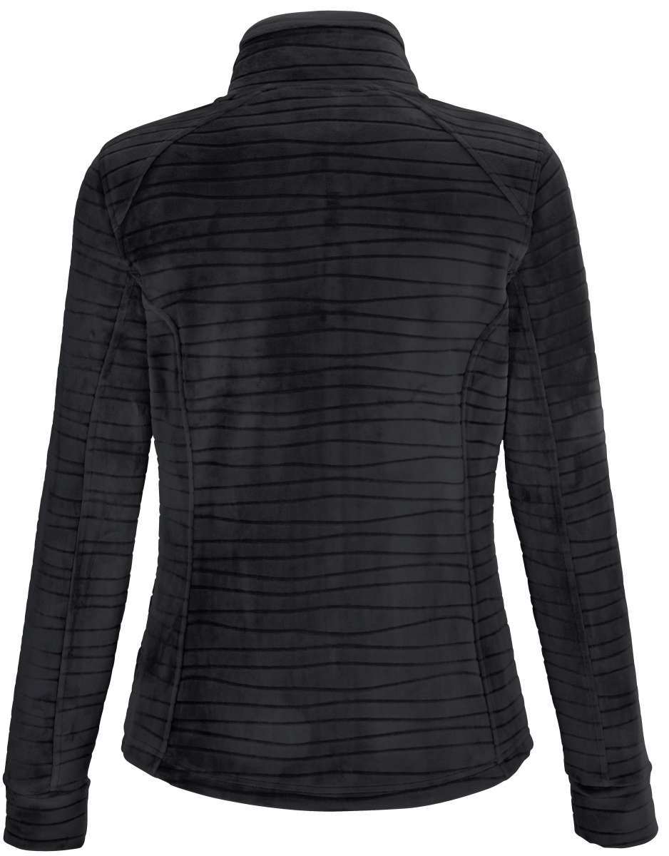 Killtec Women's Fashion PowerStretch Jacket - A black jacket with horizontal stripes and a high collar, featuring long sleeves and a fitted silhouette.