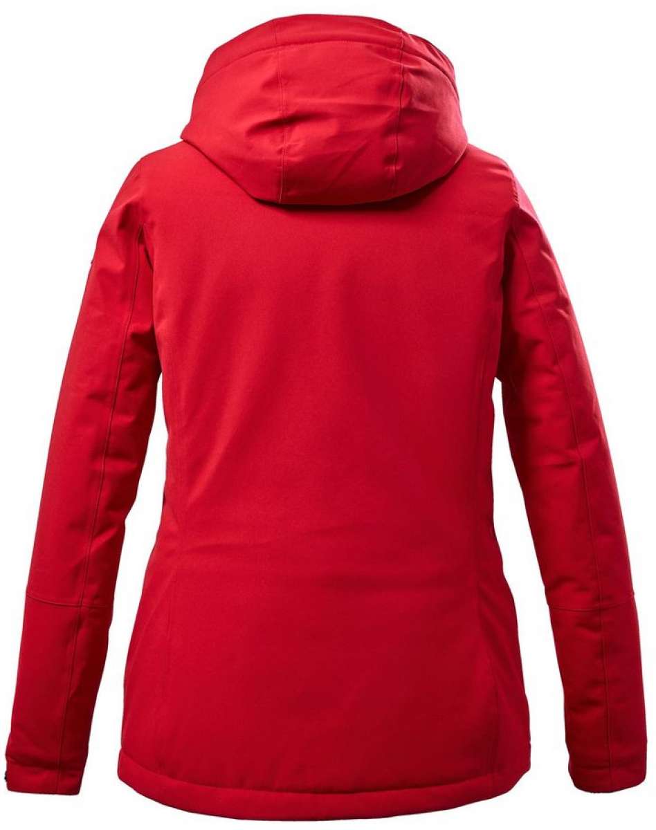 Killtec Women's Functional Insulated Jacket 2022-2023 - A red jacket with a hood, featuring two zippered pockets on the front and a zipper closure at the top.