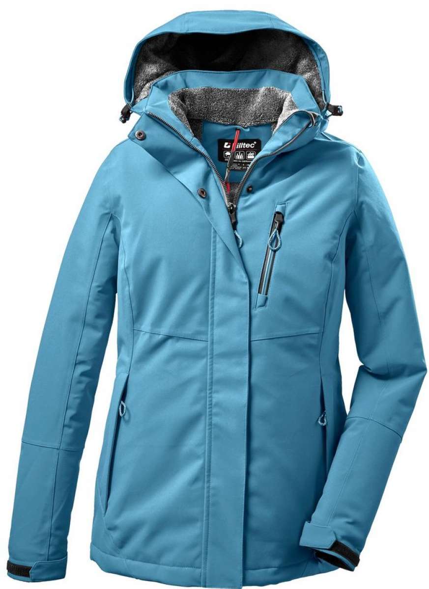 Killtec Women's Functional Insulated Jacket 2022-2023 - A blue jacket with a hood, featuring a zipper and two pockets on either side.