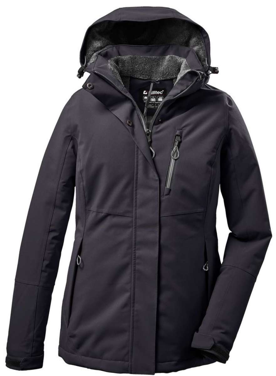 Killtec Women's Functional Insulated Jacket 2022-2023 - A black insulated jacket with a hood, featuring a zipper and two pockets on either side.