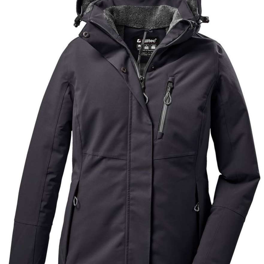 Killtec Women's Functional Insulated Jacket 2022-2023 - A black insulated jacket with a hood, featuring a zipper and two pockets on either side.