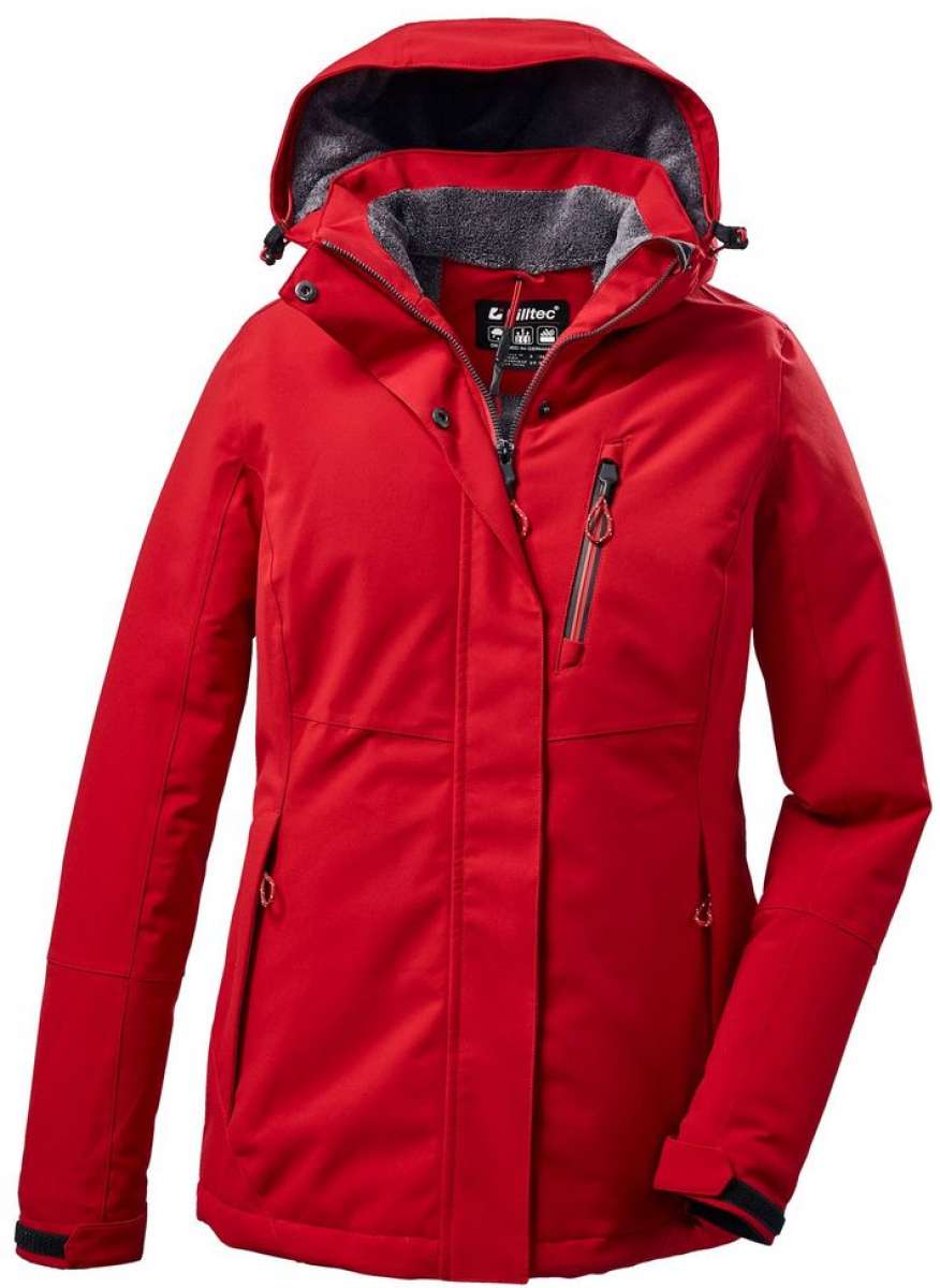 Killtec Women's Functional Insulated Jacket 2022-2023 - A red insulated jacket with a hood, featuring two zippered pockets on the front and a black zipper pull.