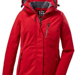 Killtec Women's Functional Insulated Jacket 2022-2023 - A red insulated jacket with a hood, featuring two zippered pockets on the front and a black zipper pull.
