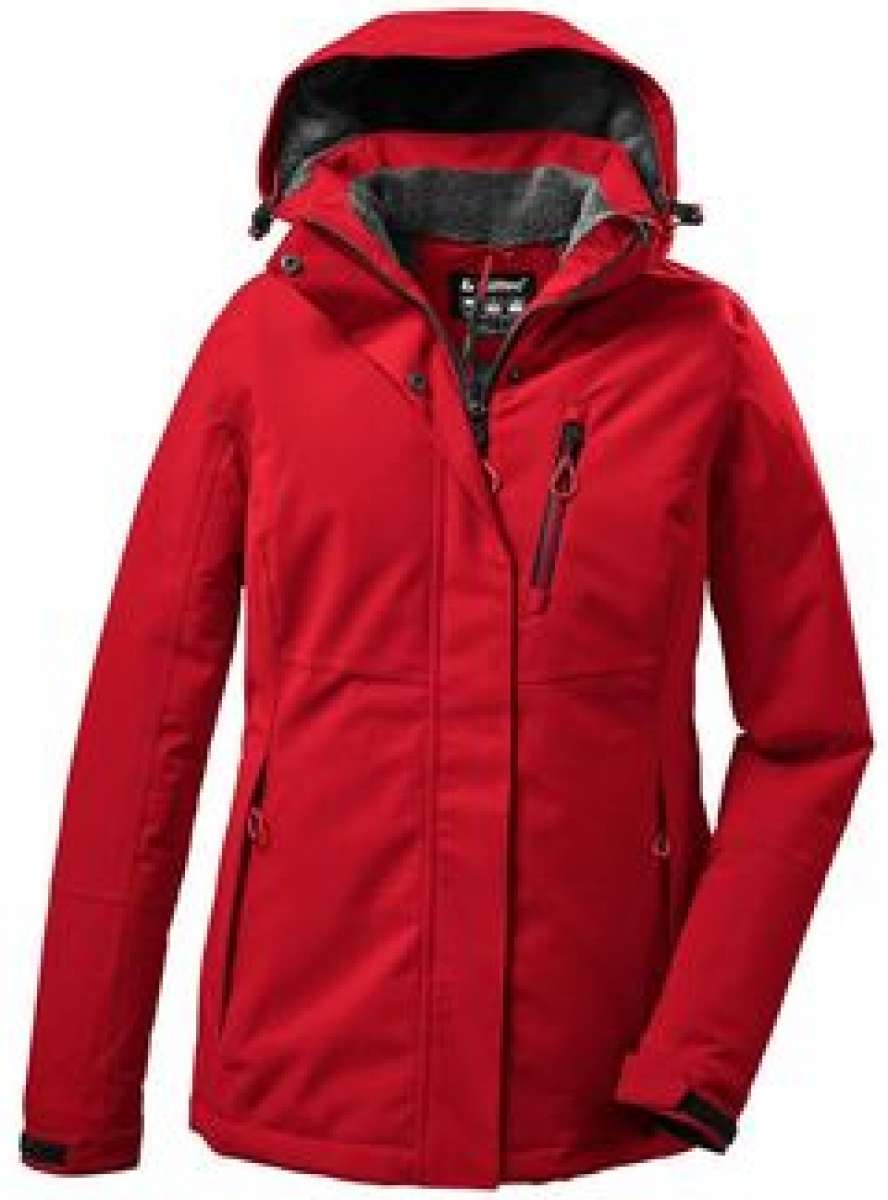 Killtec Ladies Functional Insulated Jacket 2022 - A red jacket with a fur-lined hood, featuring two zippered pockets and adjustable cuffs.