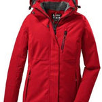 Killtec Ladies Functional Insulated Jacket 2022 - A red jacket with a fur-lined hood, featuring two zippered pockets and adjustable cuffs.