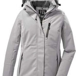 Killtec Ladies Functional Insulated Jacket 2022 - A light grey jacket with a hood, featuring black zippers and buttons on the front.